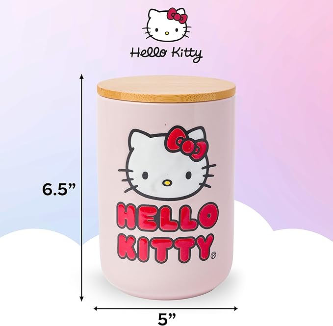 Silver Buffalo Sanrio Hello Kitty Wax Resist Ceramic Cookie Snack Jar Container with Airtight Bamboo Lid, Pink (Small)