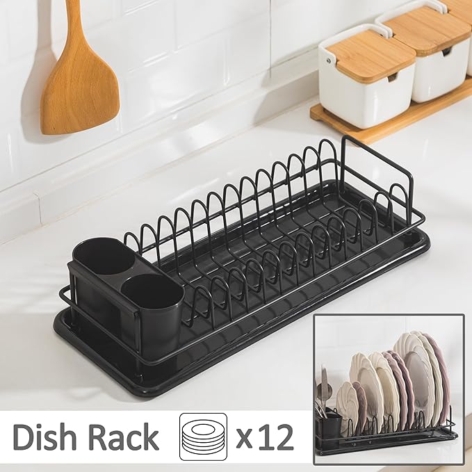 Dish Drying Rack Small, Space Saving Dish Rack for Kitchen Counter, Up to 12 Plates, Rustproof Dish Drainer with Removable Utensil Holder, 16" L x 6.7" W, Black