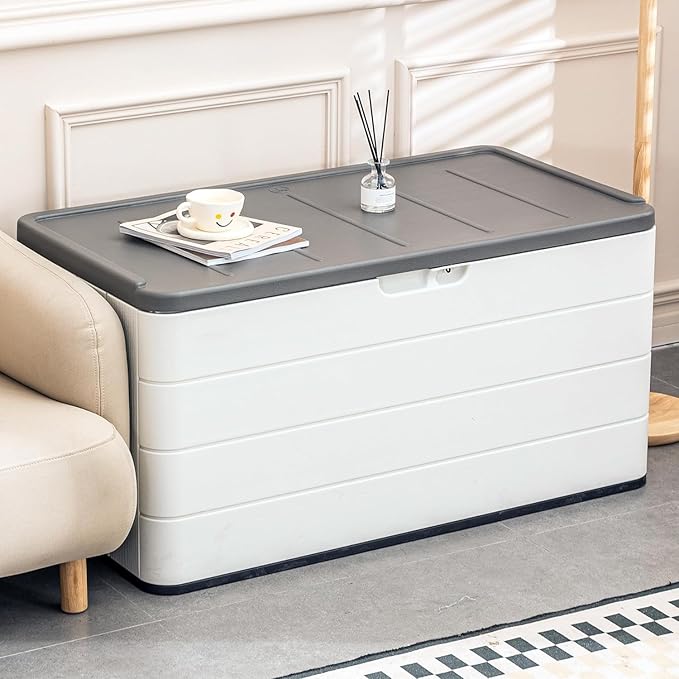 110 Gallon Pro Resin Deck Box, Waterproof Outdoor Storage Bin for Patio Furniture, Pool Accessories, and Garden Tools, Lockable & UV-Resistant, White