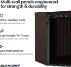 Suncast 80-Gal. Resin Large Outdoor Patio Deck Box with Pad-Lockable Lid, Modern Outdoor Patio Bench/Storage Box for Cushions, Garden Tools, and More, Java