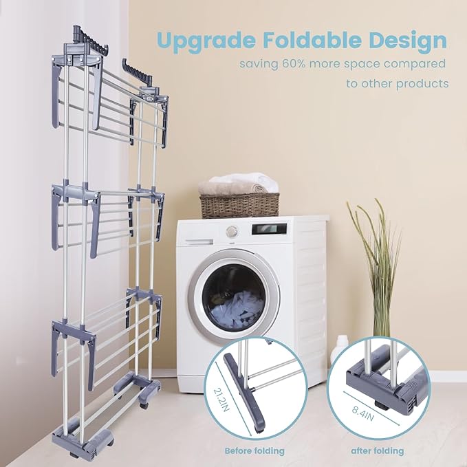 Clothes Drying Rack Foldable Drying Rack Clothing,Oversize 4 Tier(70" High) Clothes Horses Stainless Steel Laundry Drying Rack with Collapse Base& 24 Poles for Clothing&Bed Linen,Gray