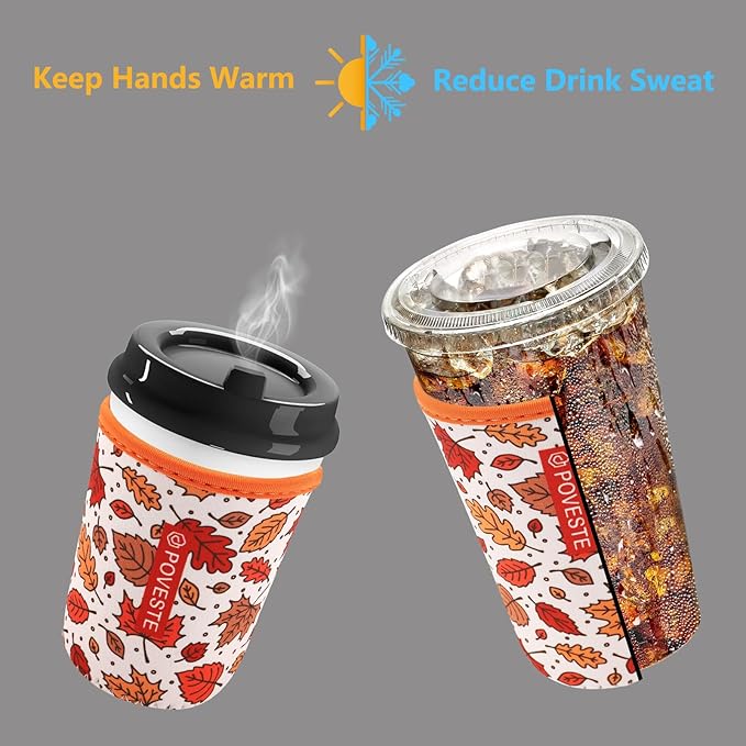 Reusable Neoprene Insulator Sleeve for Iced Coffee & Cold Soda, Coffee Sleeves for Iced & Hot Drinks, Cold Beverage Cooler Compatible with Starbucks, Dunkin (Fall Leave, Large: 32oz)