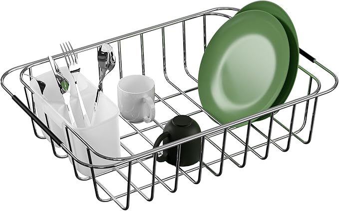 SANNO Dish Rack Utensil Holder, Hanging Cutlery Drainer Caddy with Hooks, 2 Compartment Flatware Organizer for Forks, Spoons, Knives, Fits Over Most Dish Drying Racks, White