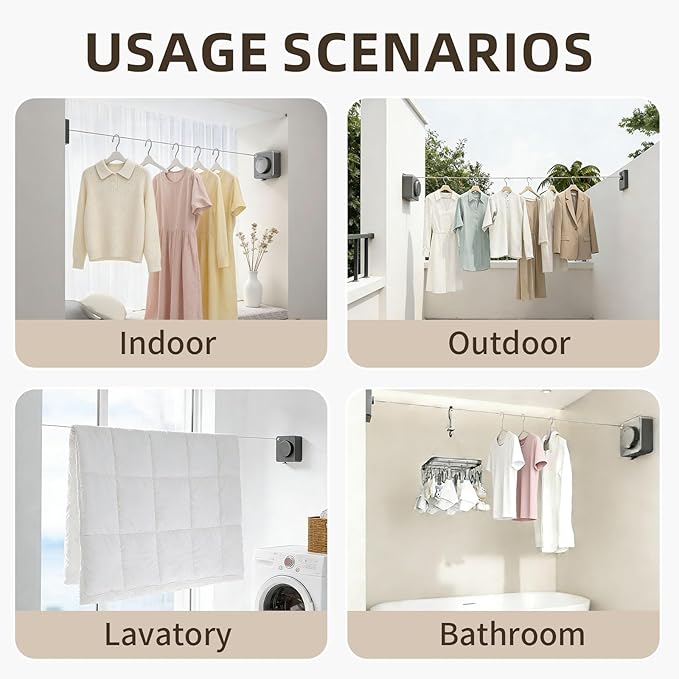 Anti-Sag Retractable Clothesline 40LB Capacity - 201in Stainless Steel Laundry Line for Indoor Outdoor, Wall Mounted Space Saving Easy Install (Gray)