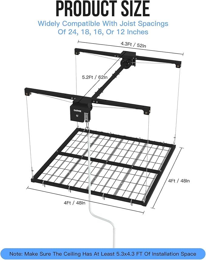 Overhead Garage Storage Rack Lift, 4x4 ft Ceiling Mounted Storage Racks, 79" Max Adjustable Height, 350lbs Weight Capacity, Heavy-Duty Metal Ceiling Rack for Organization