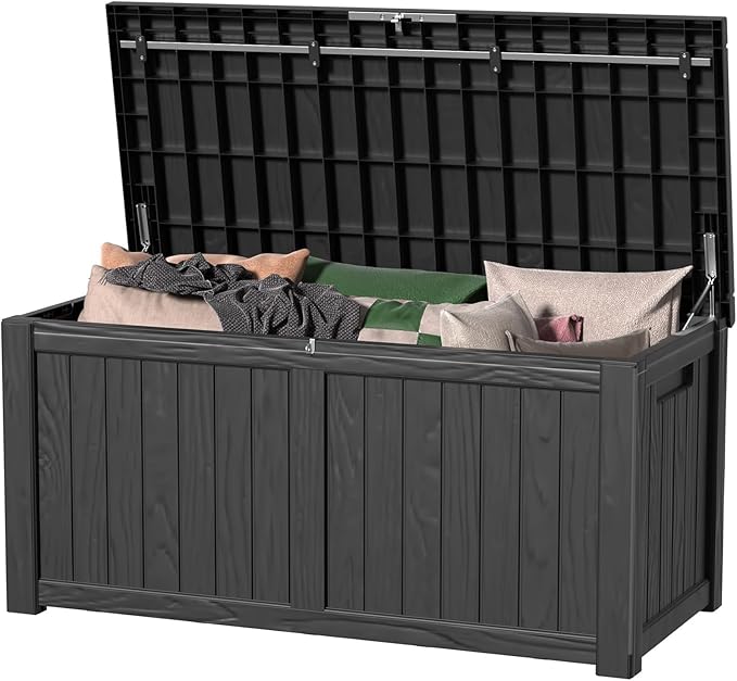 150 Gallon Outdoor Waterproof Resin Storage Deck Box Lockable Outside Bench UV Resistant Bin Patio Porch Furniture Pool Float Garden Tool Cushion Black