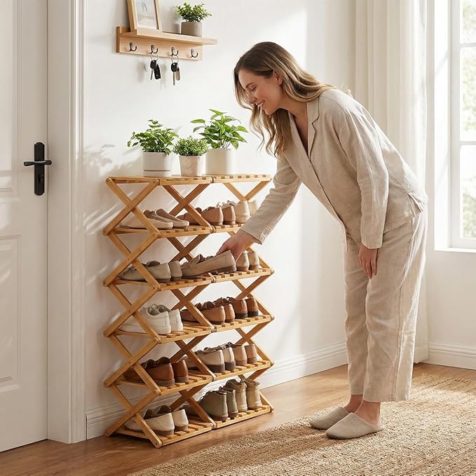 The 9-Tier No-Assembly Bamboo Rack, 3-9 Tiers Bamboo Shoe Rack, Foldable Bamboo Vertical Shoe Organizer, Multifunctional & Space-Saving, For Entryway, Closet, Corner, Bedroom, Hallway (Wood, 4Tiers)