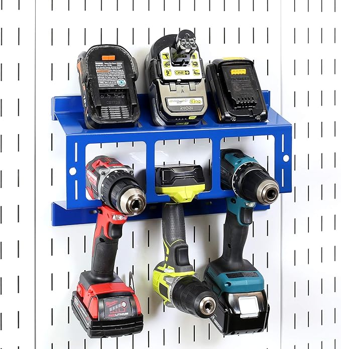 Wall Control Drill Holder Power Tool Storage Rack - Compact Impact Drill Battery Power Tool Pegboard Organizer Pegboard (Blue)
