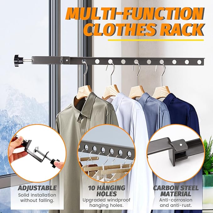 Clamp-on Clothes Drying Rack, No-Drill Foldable Laundry Drying Rack Clothing Wall Mounted, Indoor Outdoor Strong Load-Bearing Steel Laundry Hanger Dryer Rack for Balcony Window, 2 Pack
