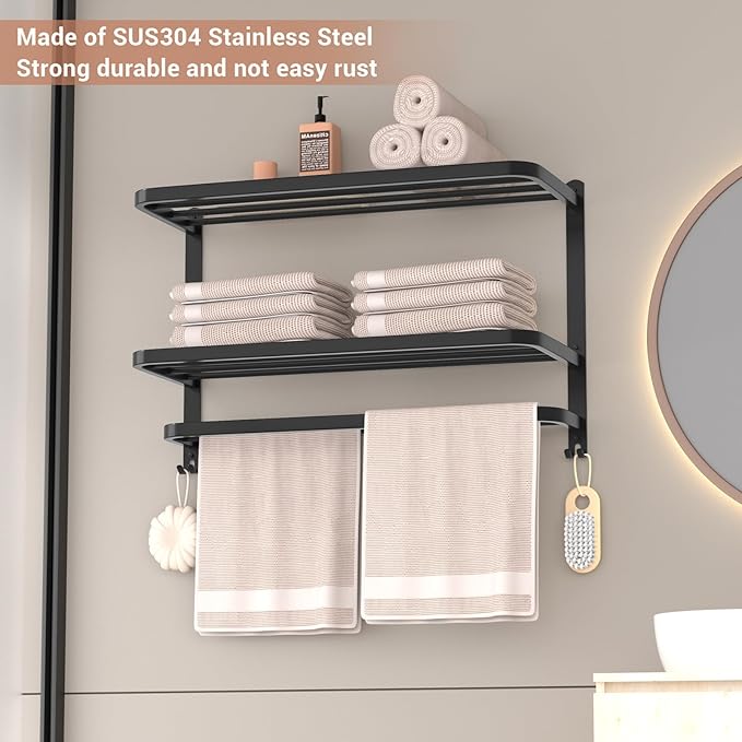 DDS-DUDES 23 Inch 3-Tier Black Towel Racks for Bathroom with Towel Bars Multilayer Hotel Towel Shelf Stainless Steel Wall-Mounted Matte Finished Holder with Towel Shelves