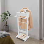 Clothing Rack with Top Tray,Tall Closet Storage Organizer Suit Valet Stand for Man,Steamer Stand Dresser Hat Holder,Tie & Belt Hooks and Shoe Rack for Entryway Office Living Room (white)