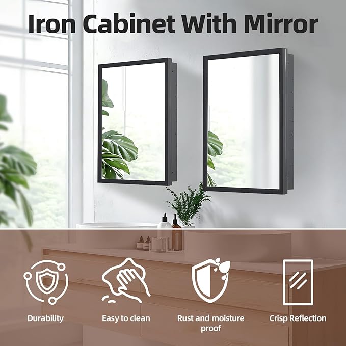 Mirror Medicine Cabinet with Large Capacity,Mirror Cabinet and Iron Medicine Cabinet for Bathroom,Living Room,Toilet 14 * 24 inch, Shatterproof Mirror Cabinet for Surface and Recessed Mount