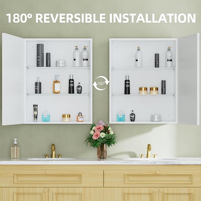 Buruis 24" x 30" Framed Medicine Cabinet with Mirror, Recessed or Wall Mounted Bathroom Cabinet, Adjustable Tempered Glass Shelves, Left/Right Open Reversible, No Assembly Required, White