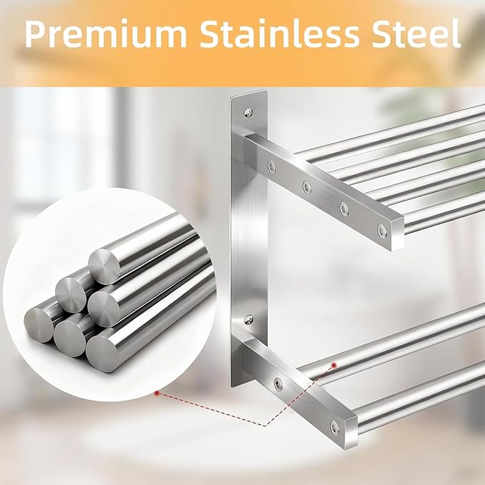 Towel Racks for Bathroom 24 inch, 2 Tier Bathroom Shelf with Double Towel Bar, Stainless Steel Wall Mounted Towel Rack with Shelf for Bathroom Towels Storage, Brushed Nickel