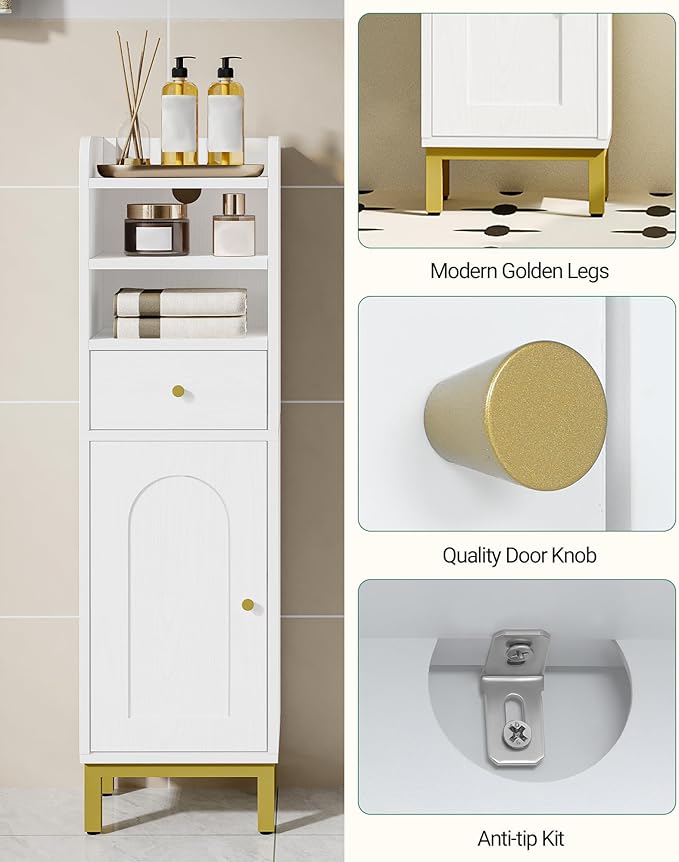 Bathroom Storage Cabinet, Corner Floor Cabinet with Drawers and Doors, Narrow Toilet Paper Holder, Bathroom Organizer with Adjustable Shelf, for Small Spaces, White BC29813GV1