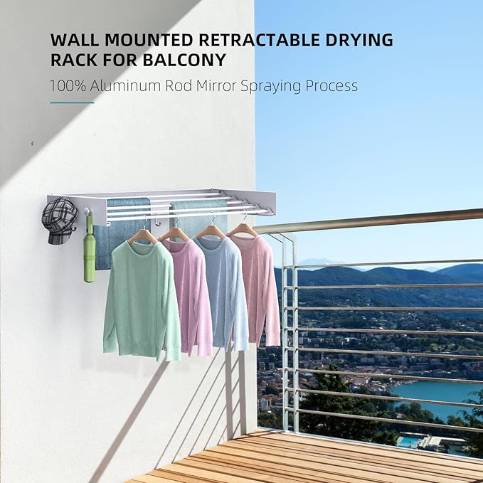 Drying Rack Clothing,Clothes Drying Rack Wall Mounted,Laundry Drying Rack Wall Mount,Foldable,Collapsible,60 lb Capacity 5 Aluminium Poles with 6 Hooks (White, 31" Upgrade)
