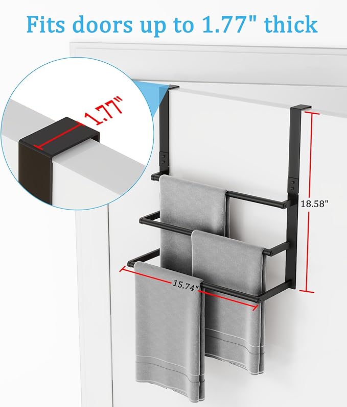 16Inch Over The Door Towel Rack, DOKU Stainless Steel Door Towel Hanger, Over Door Towel Holder with 3 Tier Towel Bars, Over Door Towel Storage for Bathroom, Matte Black
