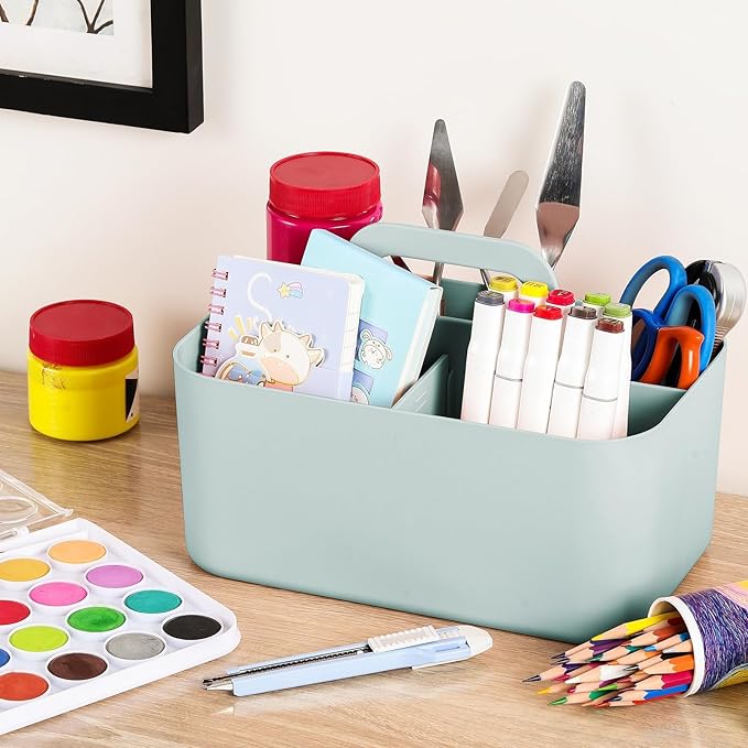 Multiuse Caddy Organizer with Handle - Stackable Plastic Tote Bin - Art Craft Supplies, Office, Desk, Stationery Pen Holder, Kitchen, Utensil, Makeup, Bathroom, Shower, Cleaning, Dorm Organizer - Mint
