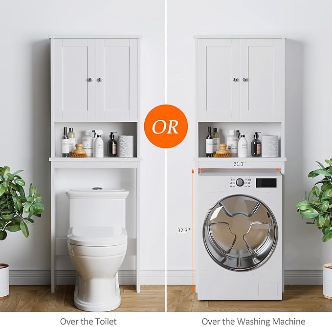 Meilocar Over the Toilet Storage Cabinet, Bathroom Storage Cabinet White Organizer Over Toilet, Bathroom Space Saver with Adjustable Shelf, White