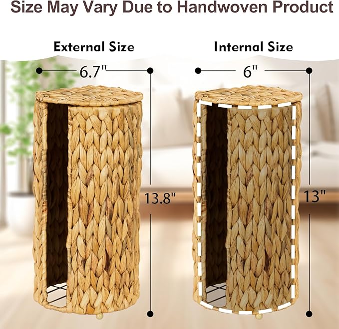 FairyHaus Wicker Toilet Paper Storage Basket with Lid, 3 Rolls Natural Water Hyacinth Toilet Paper Holder with Storage, Handwoven Toilet Paper Holder Stand Basket for Bathroom