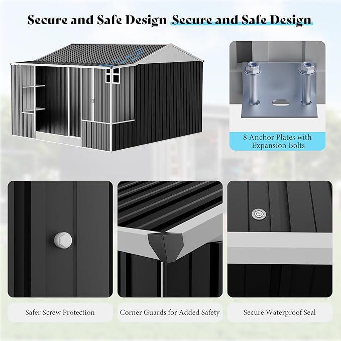 VanAcc 10×10.5×7 FT Metal Storage Shed, Dual-Zone Tool Shed with Work Area, Reinforced Frame, Gable Roof, Ventilated Design, Dark Grey