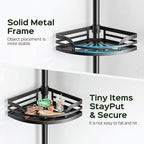 HAMITOR Shower Caddy Tension Pole: Rustproof Bathroom Corner Shelf for Renters, 47-121inches Adjustable Organizer with Soap Holder-Large Capacity Rack for Shampoo Storage Home Accessory - Black