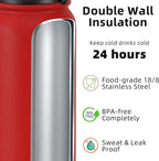Fanhaw 40 oz Insulated Stainless Steel Water Bottle with Chug Lid, Leakproof & Sweat-Free Extra-Large Metal Bottle for Outdoor, Hiking & Gym (Red)