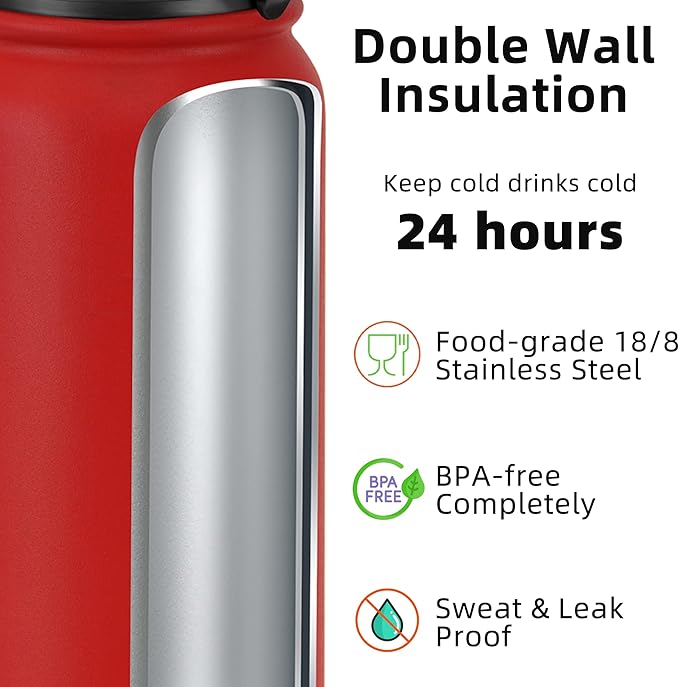 Fanhaw 32 oz Insulated Stainless Steel Water Bottle with Anti-Dust Chug Lid, Leakproof Vacuum Sports Bottle for Men & Women (Red)