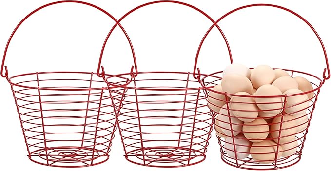 3 PCS 8" Red Round Wire Egg Baskets for Fresh Egg With Handle, Small Metal Collecting Basket for Gathering Fresh Eggs, Chicken and Duck Eggs Hunting Basket Egg-Holder Countertop