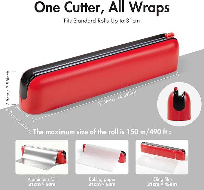 Aluminum Foil & Plastic Wrap Dispenser with Cutter - Easy One-Hand Operation, Space-Saving Kitchen Organizer for Worktops & Cabinets, Magnetic Cling Film Dispenser - Fits 12" Rolls, Red