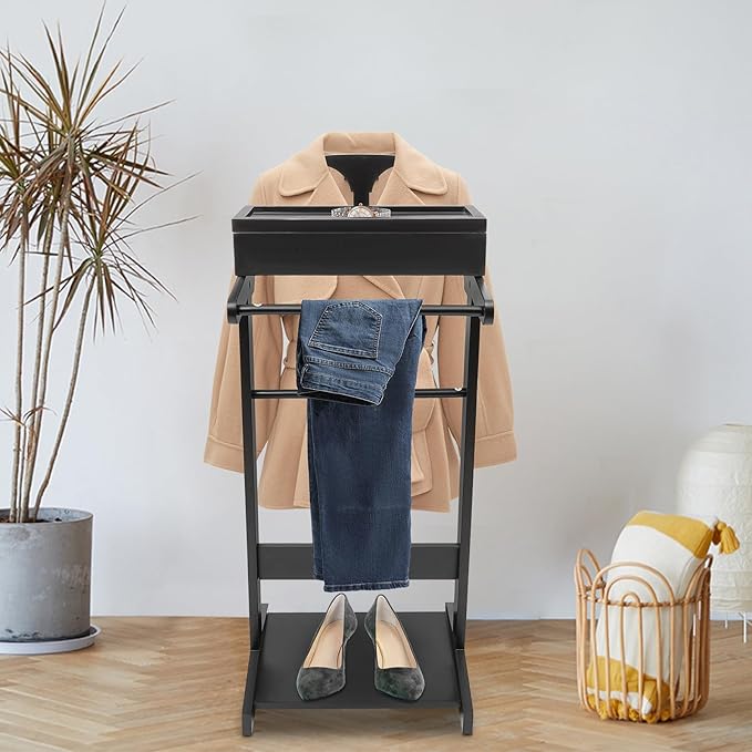 Wood Men Valet Stand Multifunction Clothes Valet Floorstanding Suit Stand Rack with Drawer & Shoe Rack for Bedroom, Entryway, Hotel, Home Office Use (Black)