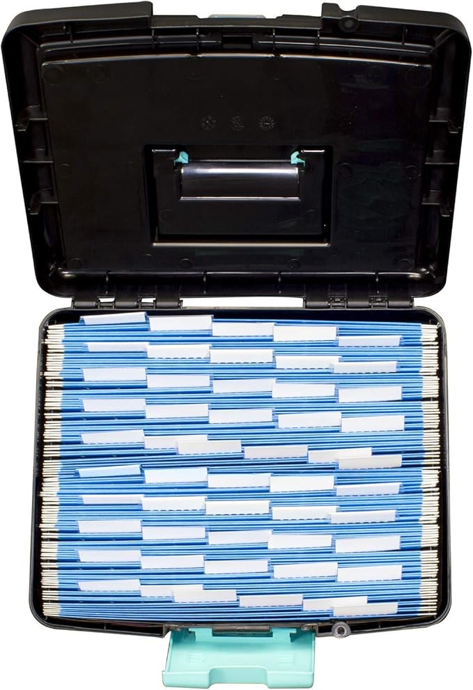 Storex Portable File Box, with Lockable XL Supply Storage Lid and Carry Handle, Black/Teal, 10.9 x 11 x 13.25 Inches, 2-Pack (61414B02C)
