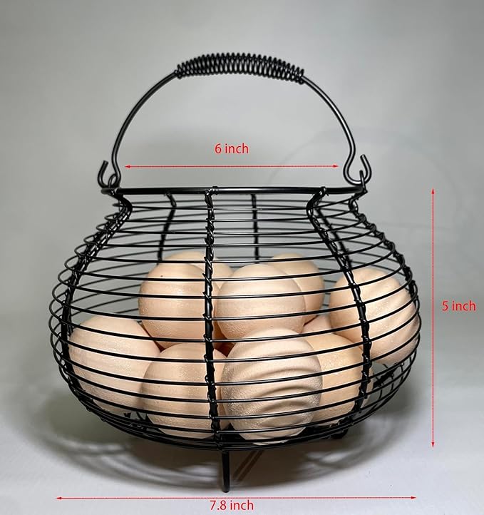 Egg Basket for Gathering Fresh Eggs, Retro Handle Egg Gathering Basket with Mat, Metal Egg Holder Countertop, Chicken Egg Basket for Farmhouse (Off-white)
