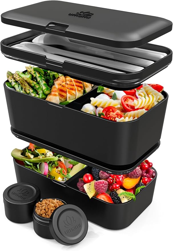 Umami Lunch Box Containers w/ 4 Utensils, 2 Sauce Jars, Nestable Space-Saving Bento Box Adult, 100% Leakproof, Microwavable Lunch Containers for Adults, Design Award Winner, Onyx Black, 50 oz