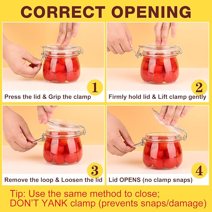 16 oz Glass Jars with Airtight Lids, 6 Pack Wide Mouth Mason Jars with Clamp Lids for Kitchen Canisters, Food Storage Containers for Pickling, Coffee, Spices, Sugar, Herbs