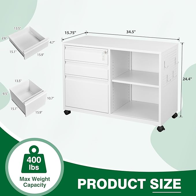 3 Drawer Metal File Cabinet with Lock, Mobile Lateral Filing Cabinet with Side Hook for Letters/Legal/A4, Printer Stand Storage Cabinets with Shelves for Home Office(White)