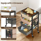 Rolling Cart with 4 Drawers, Plastic Drawer Storage Carts with Wheels & Wooden Tabletop, Metal Utility Cart with Pegboards, Office Living Room Classroom Craft Organization and Storage, Dark Brown