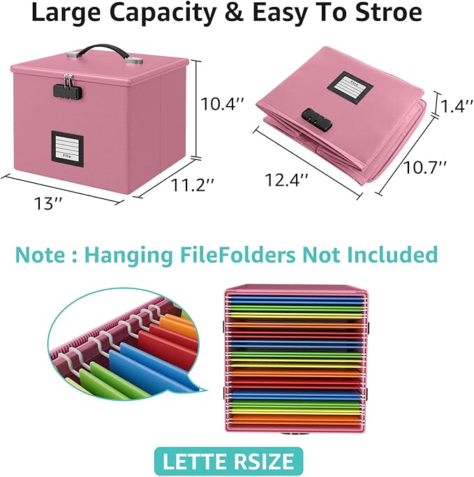 Pink Fire Proof File Box for Documents - Portable Fireproof Document Organizer Box with Handle Waterproof Safe Locking Folder Storage with Lid