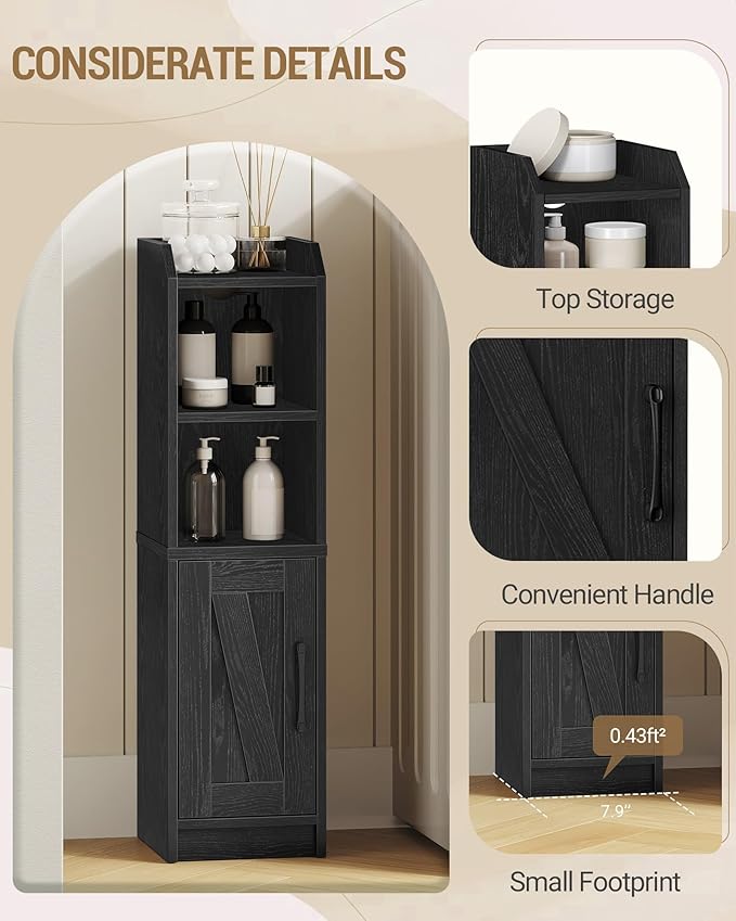 Bathroom Storage Cabinet, Small Farmhouse Corner Floor Cabinet with Door and Shelves, Narrow Toilet Paper Holder Stand, Bathroom Organizer with Adjustable Shelf, for Small Spaces, Black