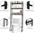 Over The Toilet Storage 3 Tier Over Toilet Bathroom Organizer Wooden Bathroom Space Saver Freestanding Above Toilet Stand with 4 Hooks Black Over The Toilet Rack for Restroom, Laundry