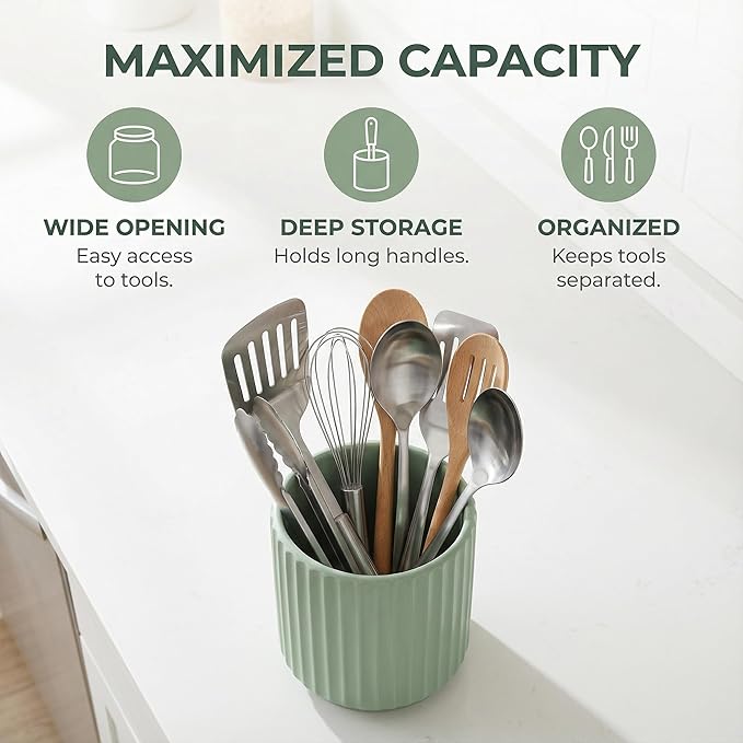 Cooking Utensils Holder for Kitchen Counter (H5.51” x W4.92”), Ceramic Crock for Kitchen Utensils, Cooking Spoon Holder for Countertop, Includes Silicone Drying Mat Green