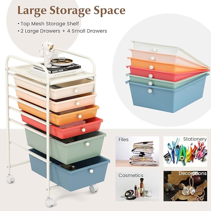 GOFLAME 6-Drawer Rolling Storage Cart, Multifunctional Art Craft Organizer Cart, Mobile Utility Storage Cart with Removable Drawers & Lockable Wheels, Craft Cart for Home Office, Macaron Color