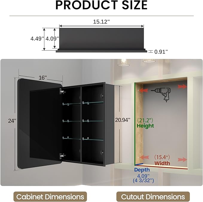 16x24 Medicine Cabinet with Mirror, Aluminum Bathroom Wall Organizer, Pre-Assembled, Center Partition for Tall Bottles, 6 Adjustable Shelves, Soft-Close, Recessed/Surface Mount, Matte Black