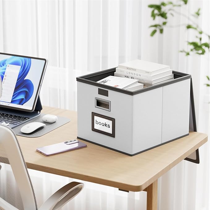 Huolewa File Organizer Box with Lid, Collapsible Faux Leather Hanging File Folder Box Organizer with Plastic Slides, Decorative Home/Office Filing System Boxes for File and Folders Storage