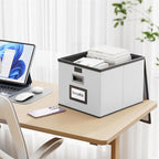Huolewa File Organizer Box with Lid, Collapsible Faux Leather Hanging File Folder Box Organizer with Plastic Slides, Decorative Home/Office Filing System Boxes for File and Folders Storage