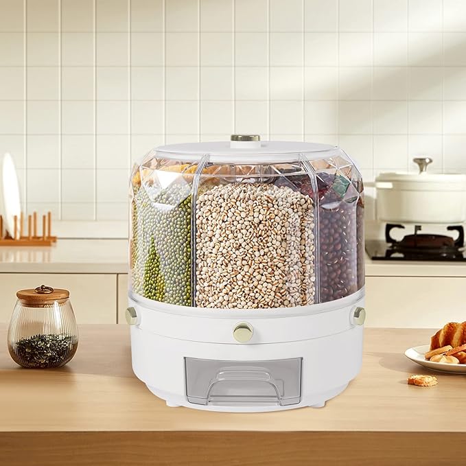 360° Rotating Grain Dispenser, Countertop 6 Compartment Dry Food Storage Containers Rice Storage Container Kitchen Airtight Food Storage Kitchen Countertop Organizer for Small Grains Beans