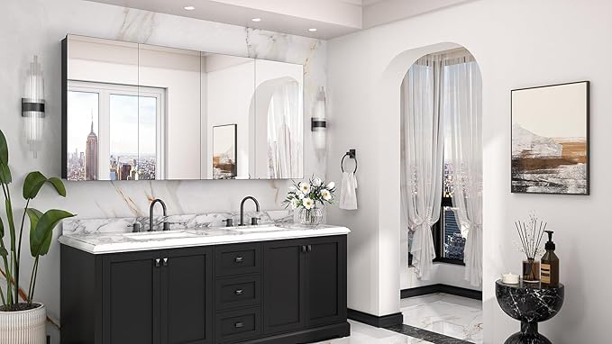Keonjinn 64 x 32 Inch Medicine Cabinet, Assembly Required, Black Bathroom Medicine Cabinets Mirror, Lightweight, Adjustable Shelves, Surface Mount or Recessed, Tempered Glass