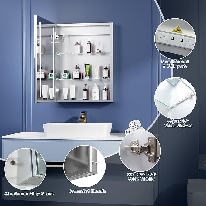 ExBrite Lighted Bathroom Medicine Cabinet, 20 x 26 Inch, Recessed or Surface led Medicine Cabinet, Defog, Stepless Dimming,Color Temper Change, 2 Outlets, Storage Shelves, Left Hinge