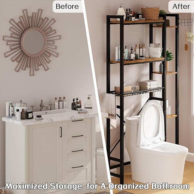Over The Toilet Storage with Side Shelf, 7 Tier Bathroom Organizer Rack with Paper Holder, Hooks and Basket, Freestanding Above Toilet Shelf for Laundry, Quick Interlock Install (Vintage Brown)