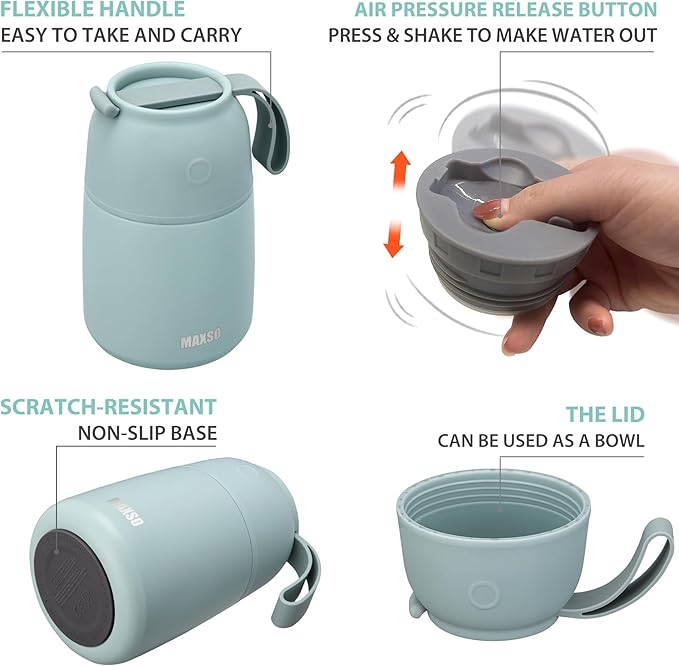 MAXSO Soup Thermo for Hot & Cold Food for Adults Kids, 17 oz Vacuum Insulated Steel Lunch Container Bento Box with Spoon, Leakproof Thermal Food Jar for School Office Travel - Sage
